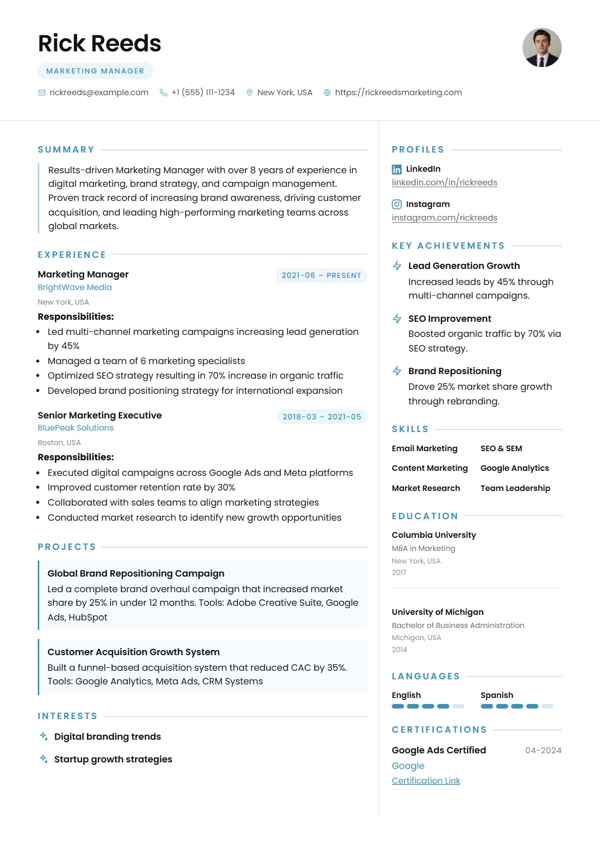 Executive Two Column resume template preview