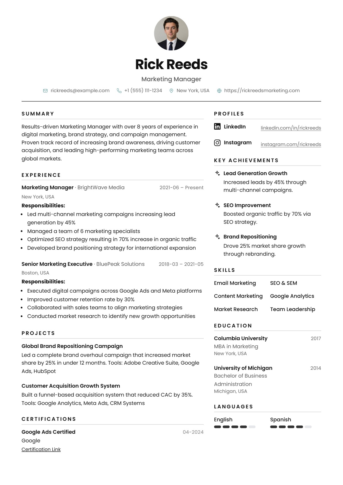 Minimal Two Column resume template preview