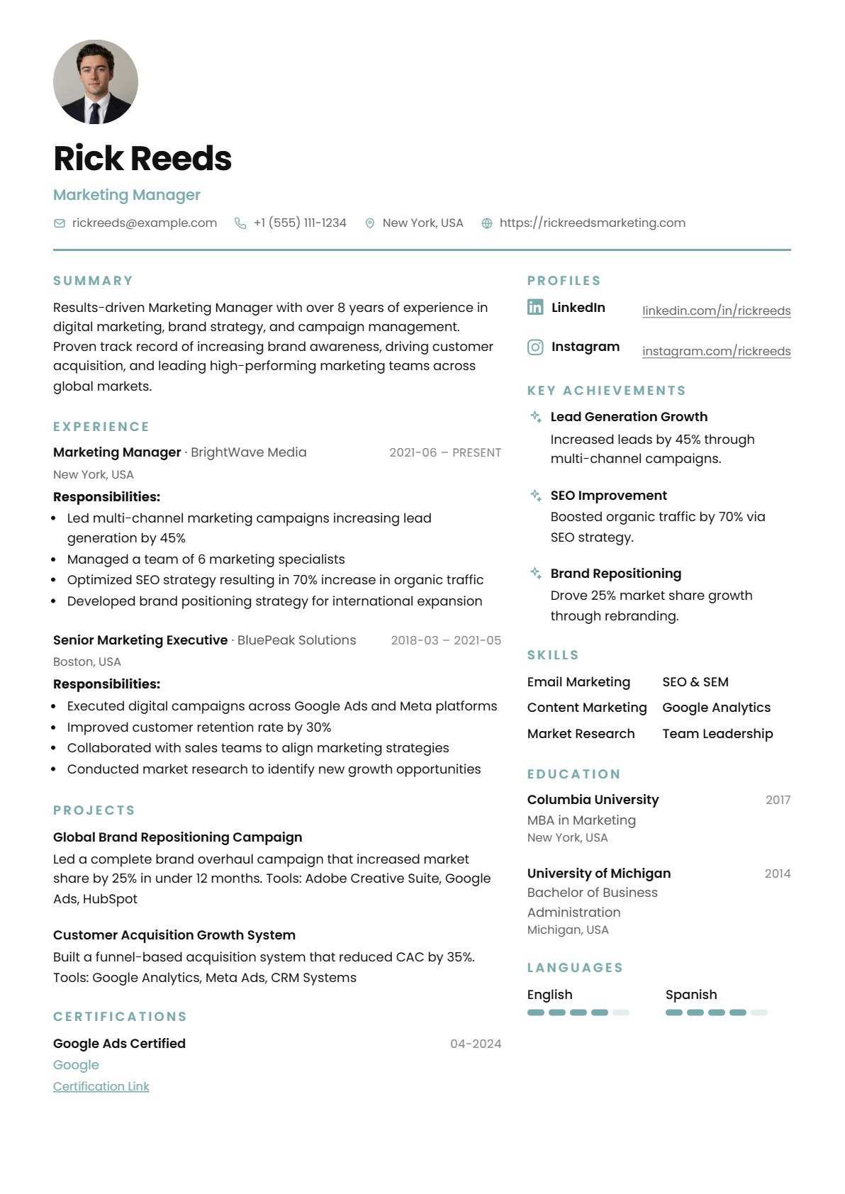 Modern Two Column resume template preview