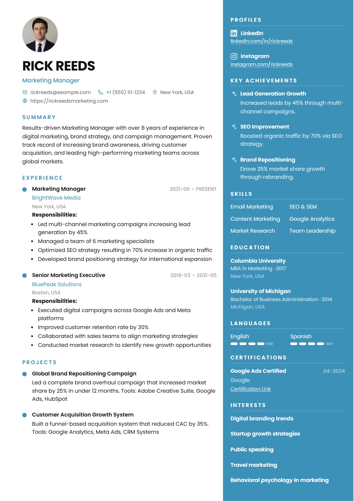 Sidebar Two Column resume template preview